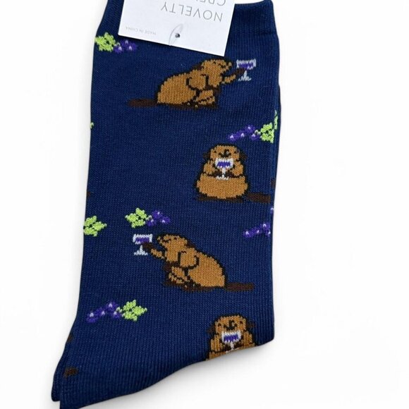 Other Accessories - Beaver drinking wine and grapes Navy Novelty Socks‎ Crew cut